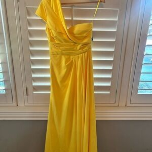 Betsy & Adam Sunny Yellow One-Shoulder Gown